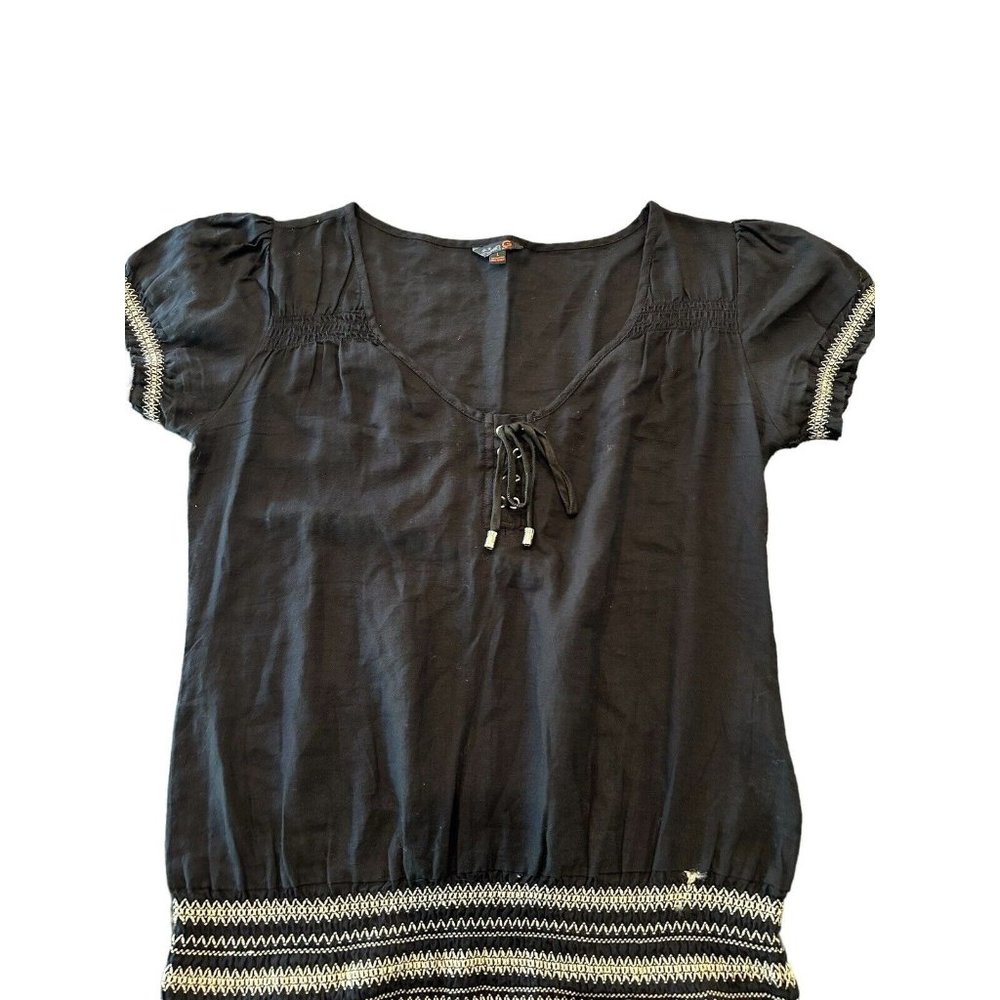 G by Guess Black Short Sleeve Top Shirred Waist Sleeves Faux Tie Front Size Lg